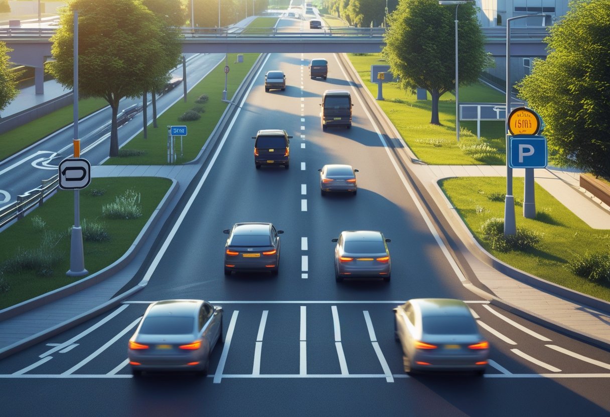 A car waiting at a side road junction looking out onto a main road with several vehicles approaching.