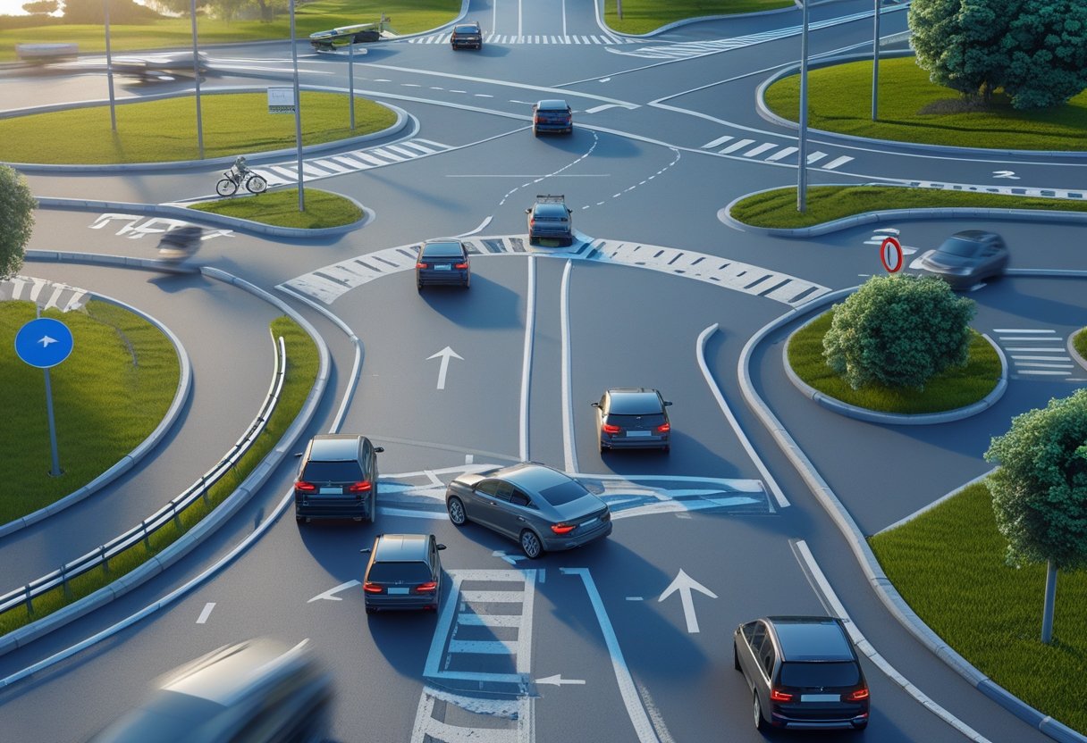 A road junction with different types of intersections showing vehicles approaching and a car emerging from a side road onto a main road with oncoming traffic.