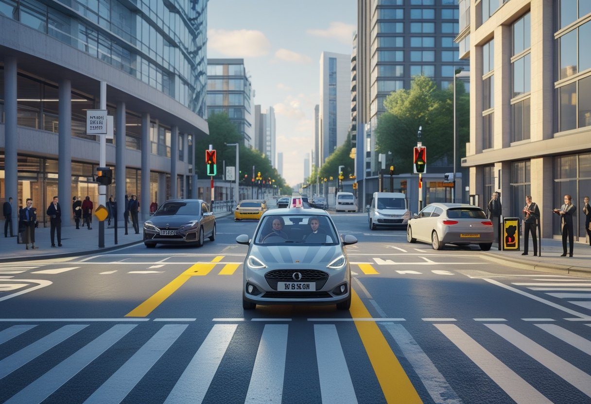 A learner driver in a car navigating a busy city centre street with traffic lights, pedestrians, and surrounding buildings.