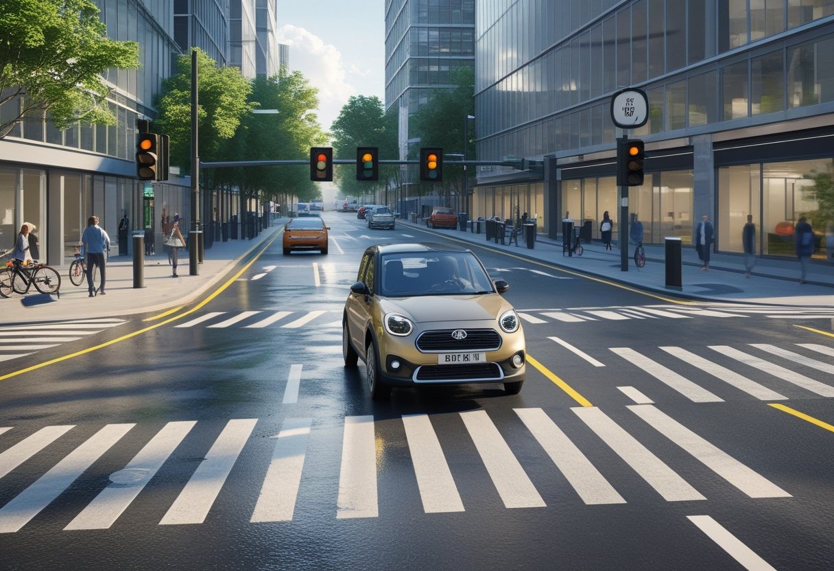 A car driving through a busy city street with tall buildings, pedestrians, cyclists, and traffic lights at an intersection.