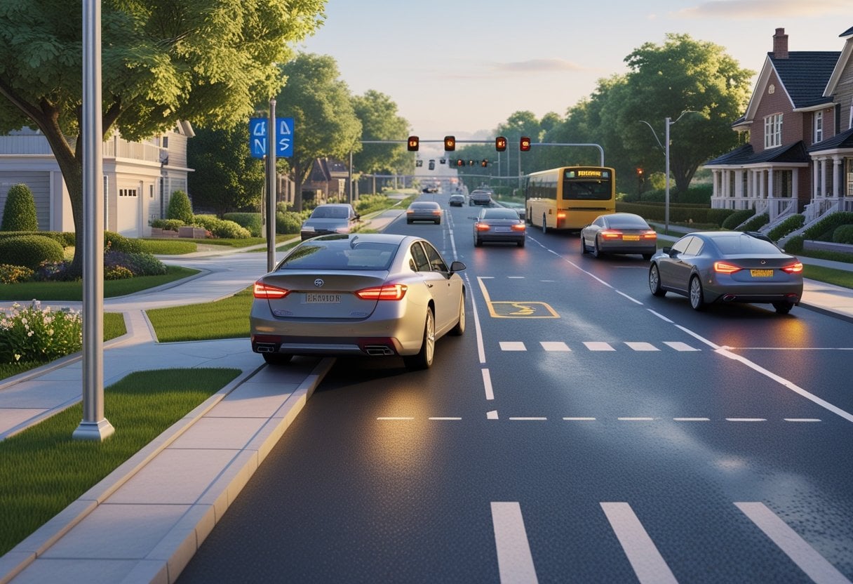 A car reversing out of a driveway onto a busy road with cars, a bus, and a cyclist approaching in both directions.