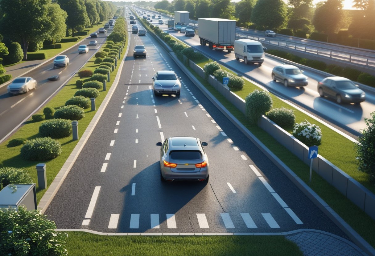 A car reversing out of a driveway onto a busy road with fast-moving traffic and pedestrians nearby.
