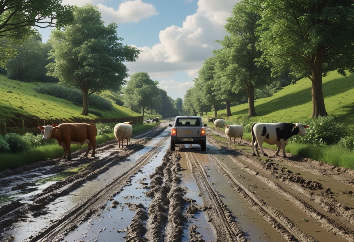 A narrow muddy rural lane with cows and sheep near the road, surrounded by green trees and bushes.