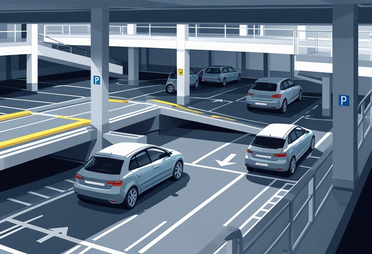 A multi-storey car park with cars carefully manoeuvring on ramps and into parking spaces, showing drivers navigating tight turns and reverse parking.