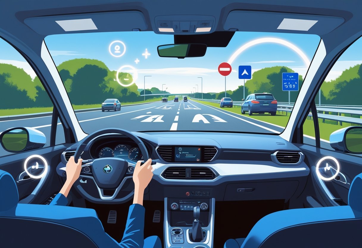 A learner driver confidently driving a car on a dual carriageway with clear lane markings and traffic signs.