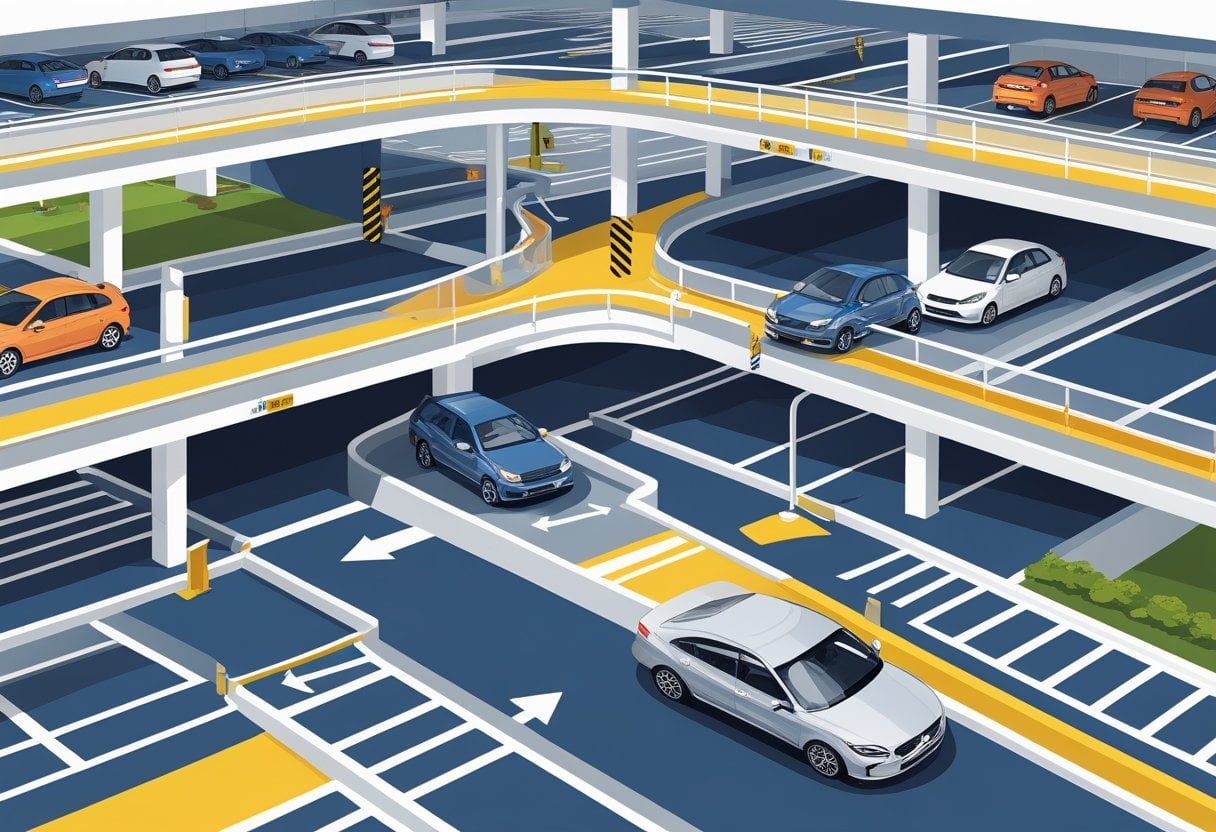 A multi-storey car park with cars smoothly entering and exiting, showing clear lanes, ramps, and parking spaces.