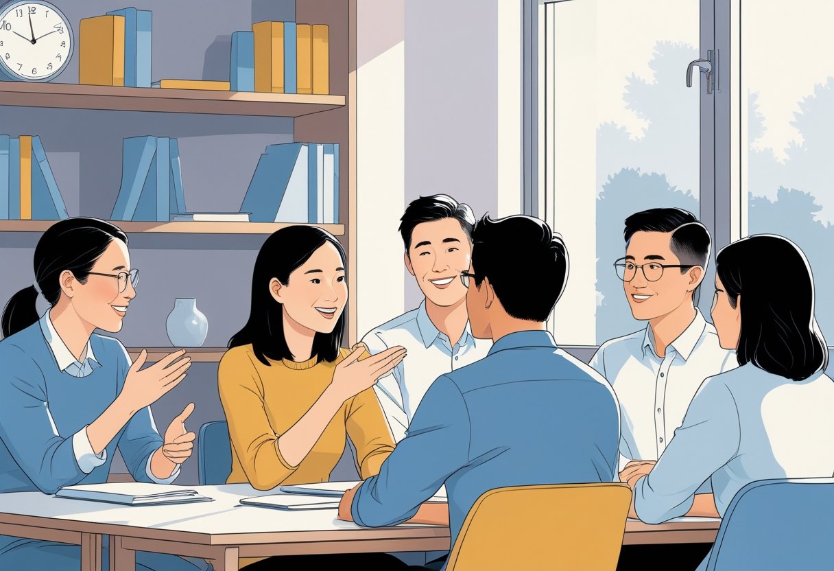 A candidate and three examiners communicate in a professional setting, each examiner showing different body language while the candidate listens attentively.