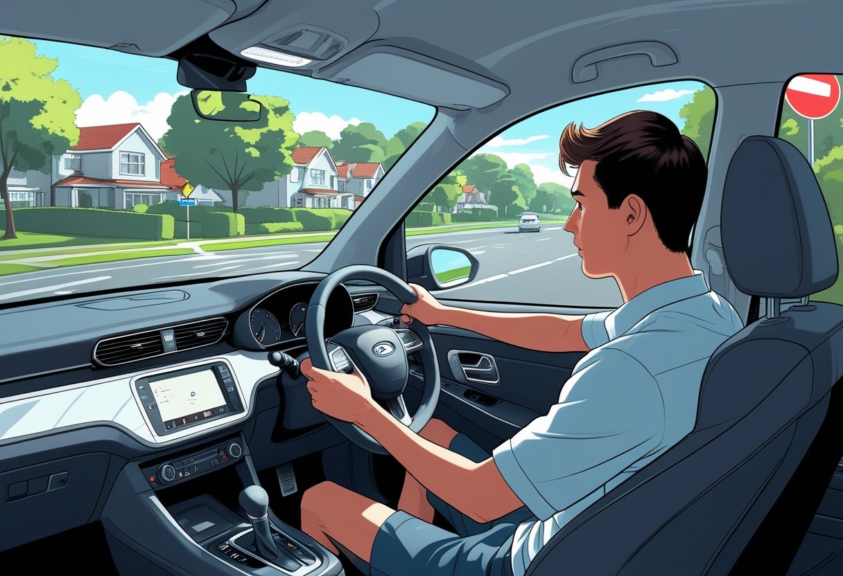 A young adult practising driving alone in a car on a quiet suburban road with a driving instructor watching nearby.