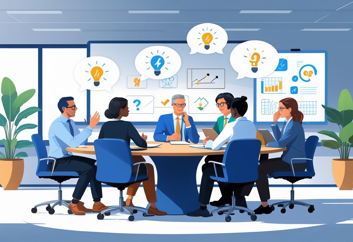 A group of examiners sitting around a table, each showing different ways of communicating and interacting during a discussion.