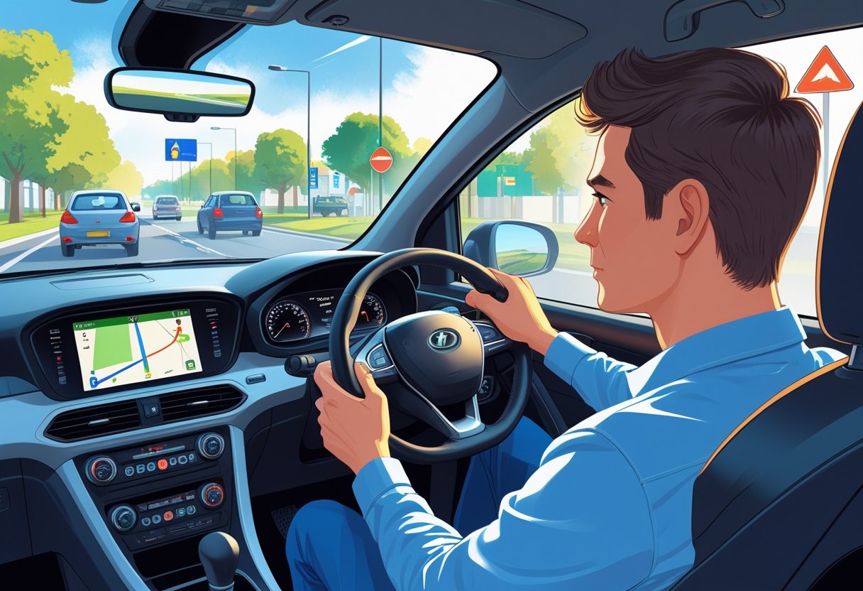 A learner driver in a car with an instructor, focused on driving through a suburban street with road signs and traffic lights.