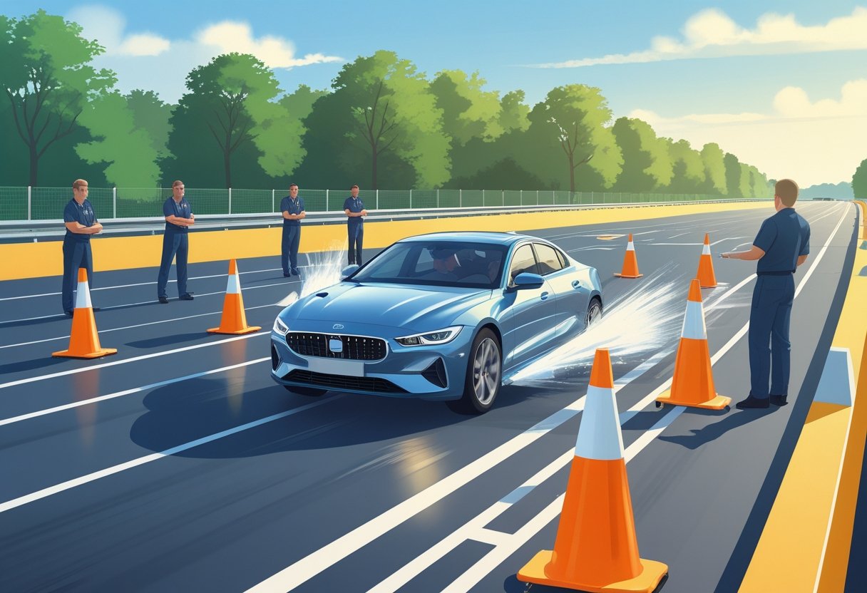 A car on a training track performing an emergency stop to avoid a hazard while instructors watch nearby.