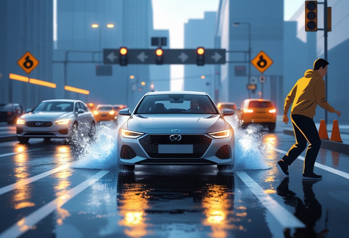 A driver performing an emergency stop on a wet road while a pedestrian steps back to avoid danger, with other vehicles slowing down in an urban street.