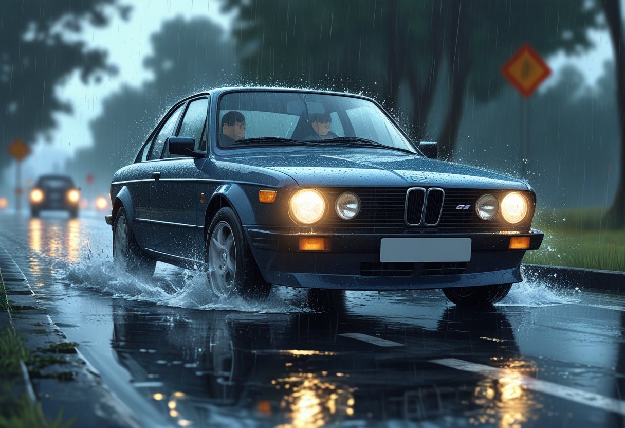 A car driving cautiously on a wet road in heavy rain with headlights and windshield wipers on.
