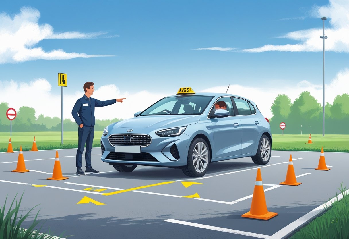 A driving instructor and learner driver in a car at a practice area with cones and arrows guiding a reversing manoeuvre.