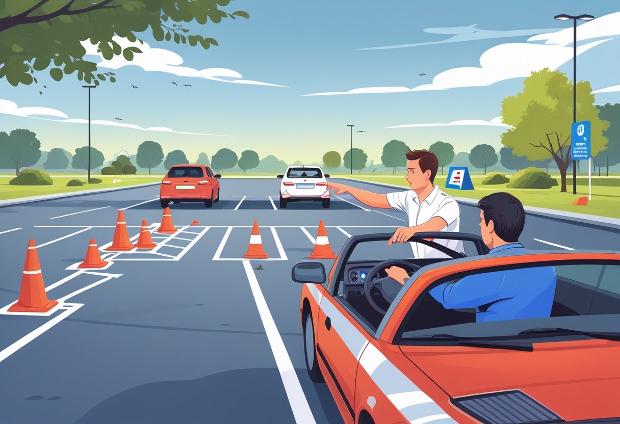 A driving instructor and learner practicing reversing manoeuvres in a parking lot with cones and parking bays.