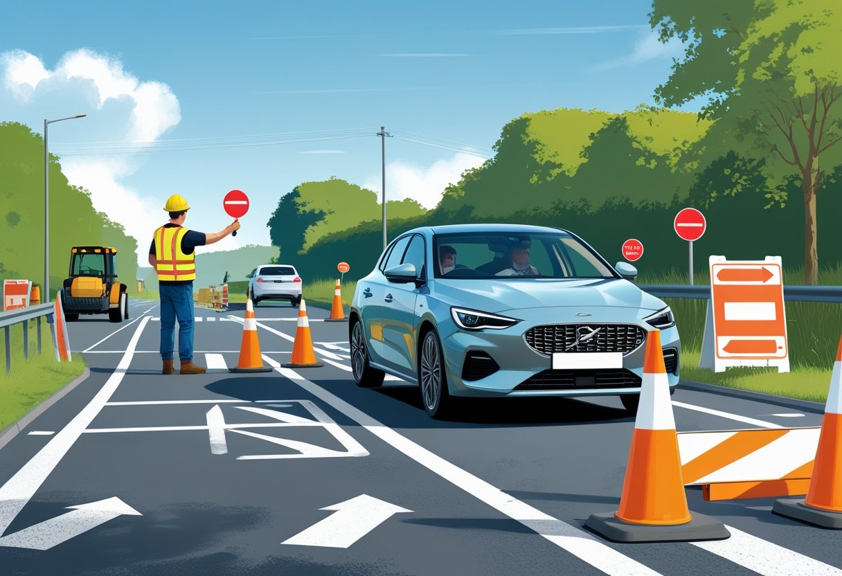 A driver in a car approaching a roadworks zone with cones and a worker directing traffic.