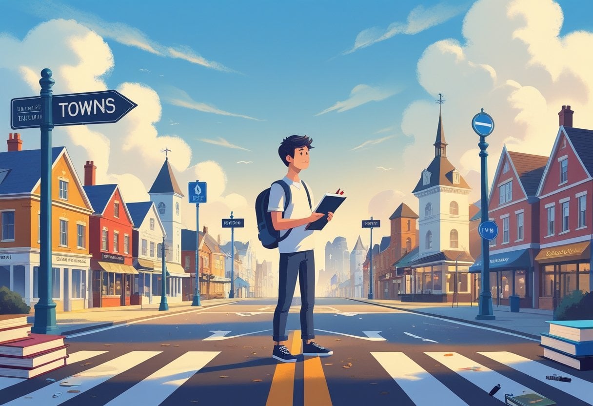 A person standing at a crossroads with signposts pointing to different towns in the distance, holding a notebook and pen.