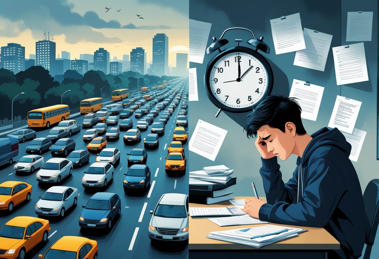 A split scene showing heavy rush-hour traffic on one side and a stressed student taking a test on the other.
