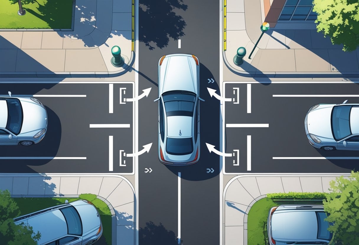 Top-down view of a car manoeuvring into a tight parking space between two parked cars in a city parking lot.
