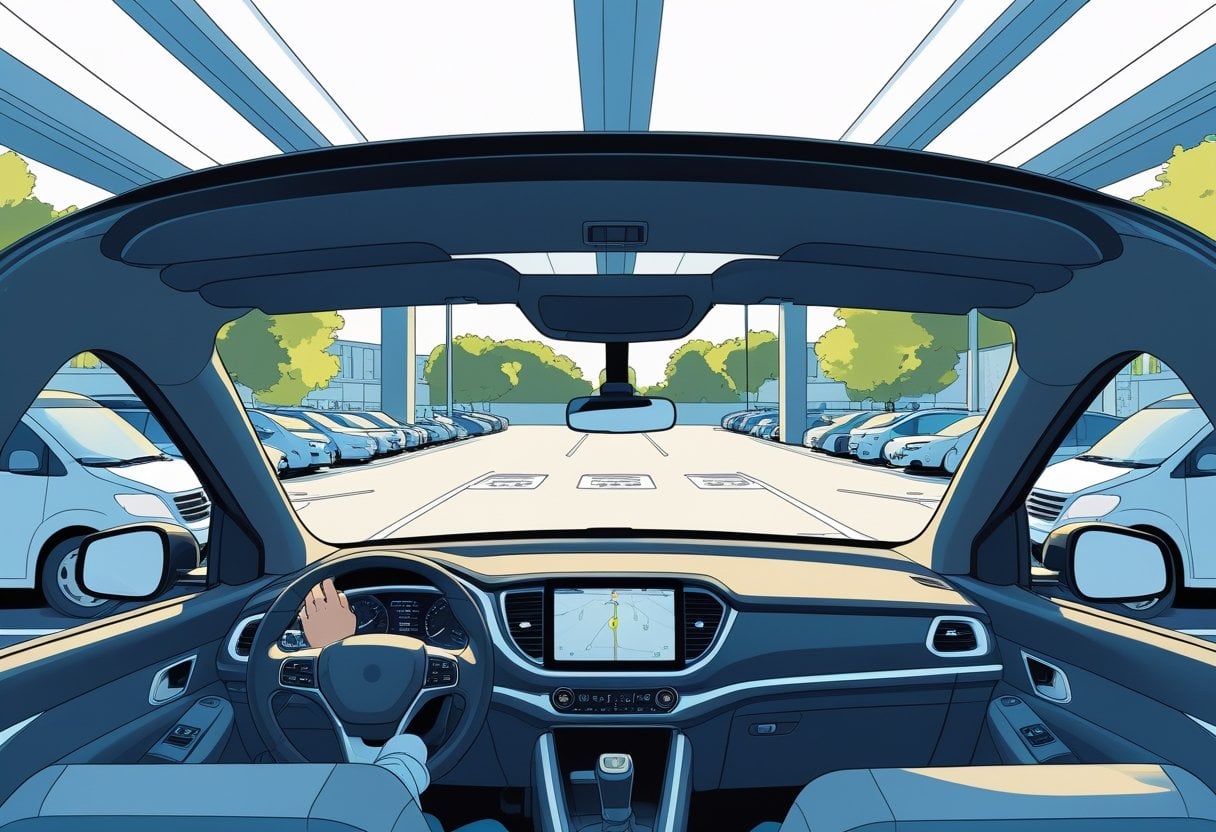 A driver inside a car carefully looking at mirrors while parking between two closely parked vehicles in a busy parking lot.