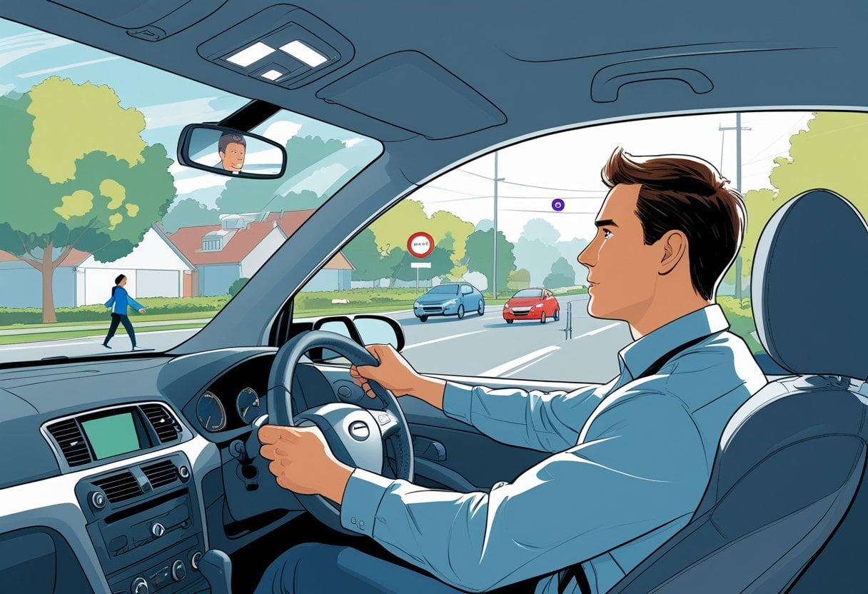 A driver inside a car attentively looking at the road with potential hazards like a pedestrian, cyclist, and car braking ahead visible through the windows.