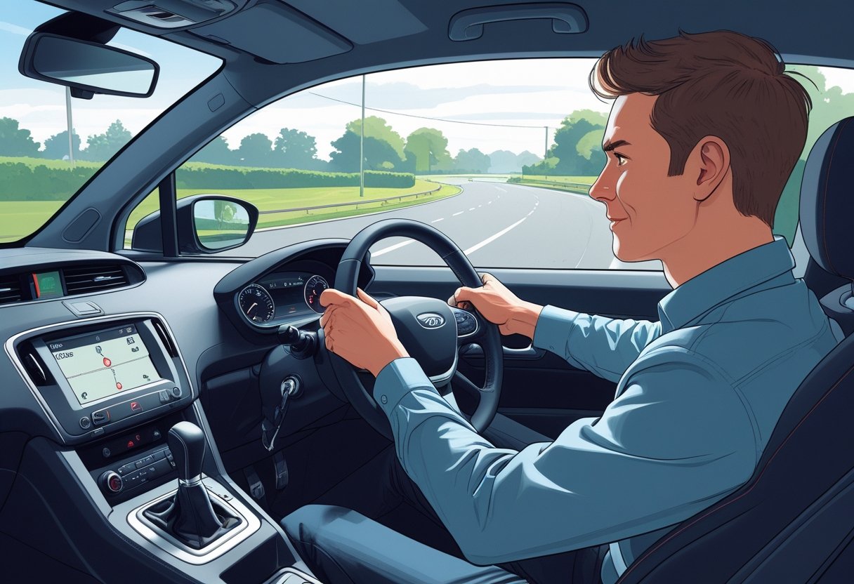 A learner driver changing gears smoothly inside a car while an examiner watches attentively on a suburban road.