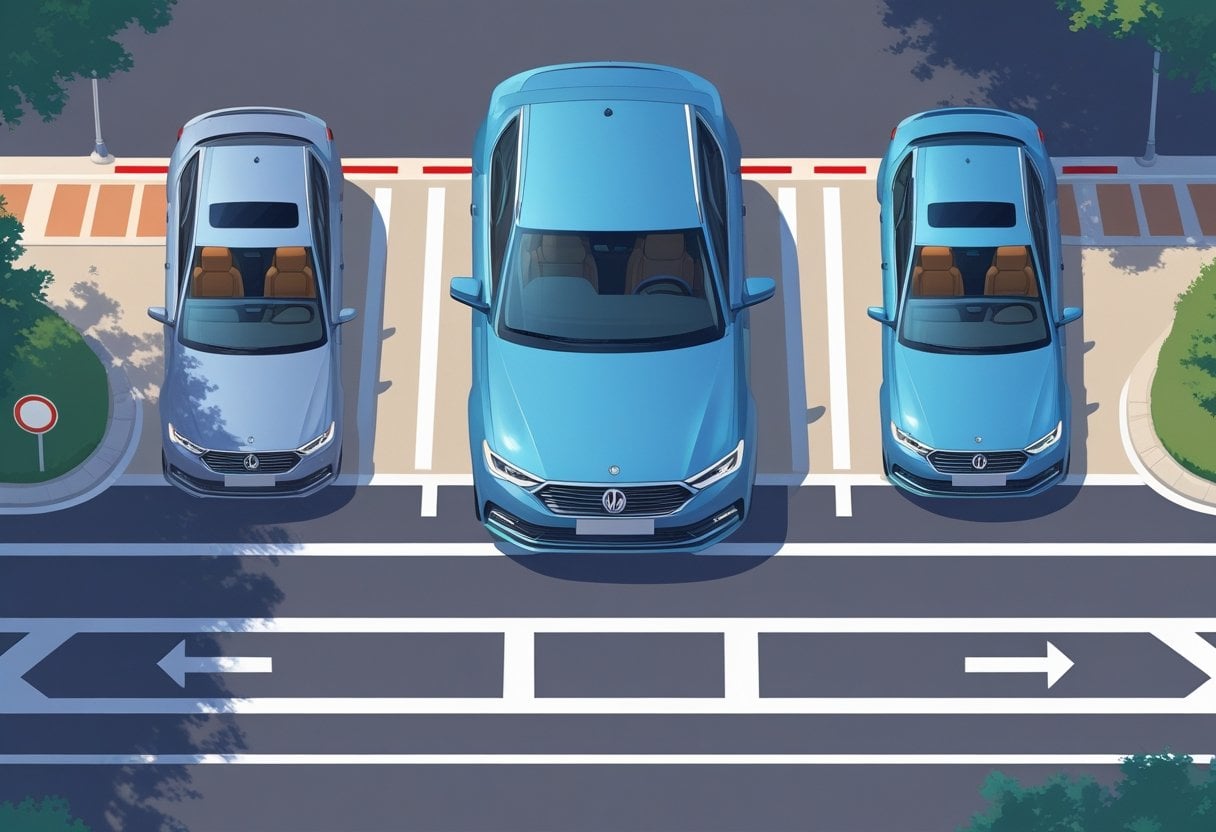 Two side-by-side scenes showing a car stopped at a junction, one with the driver pressing the footbrake and the other with the driver using the handbrake.