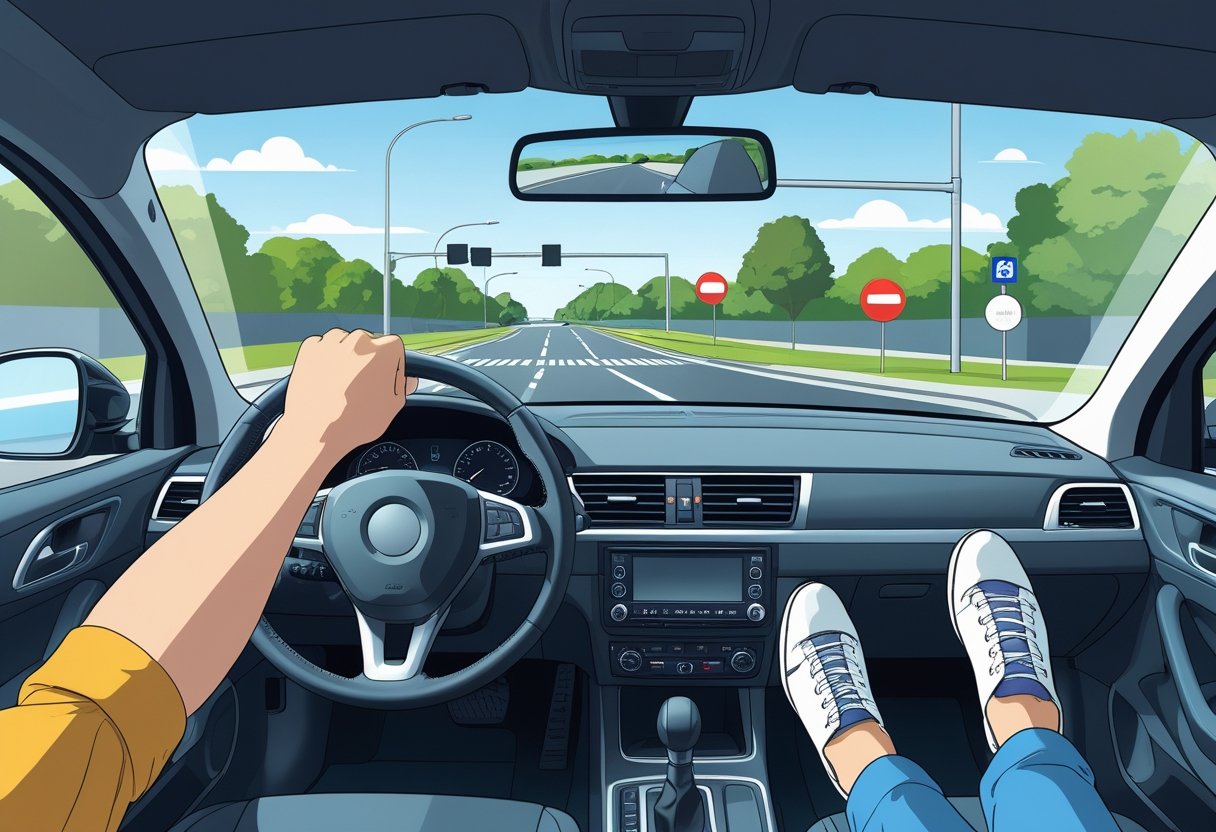 A car approaching a junction with separate close-ups showing a driver using the handbrake with their hand and the footbrake with their foot inside the vehicle.
