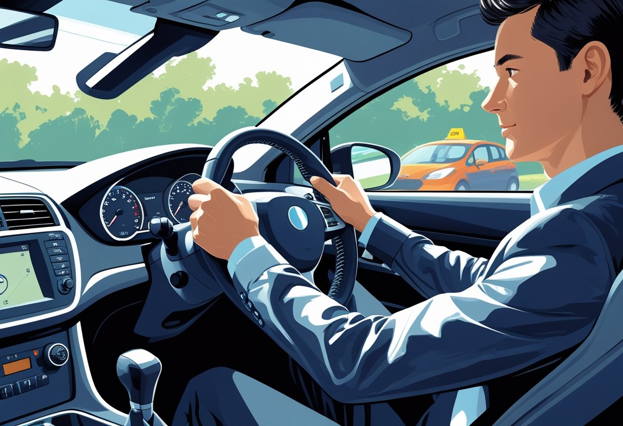 A driver inside a car smoothly changing gears with an examiner sitting beside them.