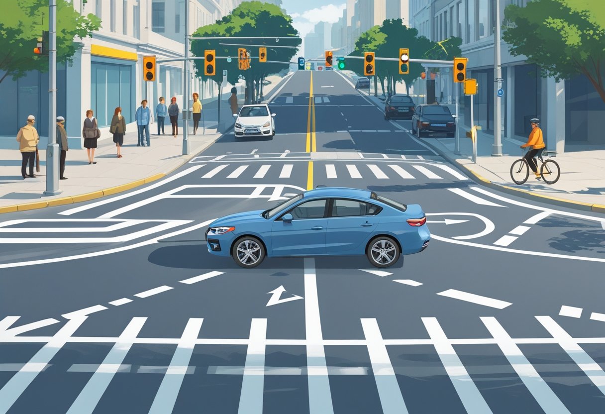 A car making a right turn at an intersection, staying within its lane and not cutting the corner, with pedestrians waiting and a cyclist nearby.
