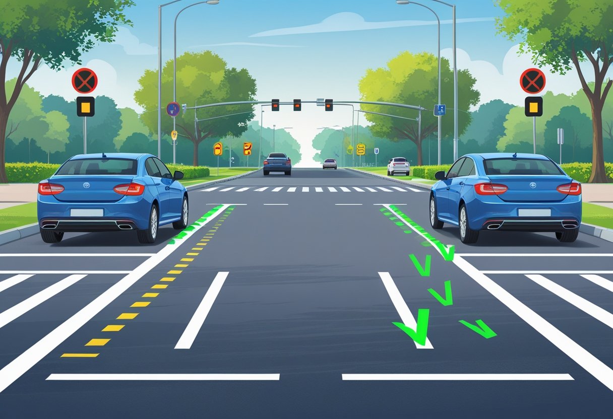 A road intersection showing two cars turning right: one cutting the corner and crossing the curb, the other making a proper wide turn staying within the lane.